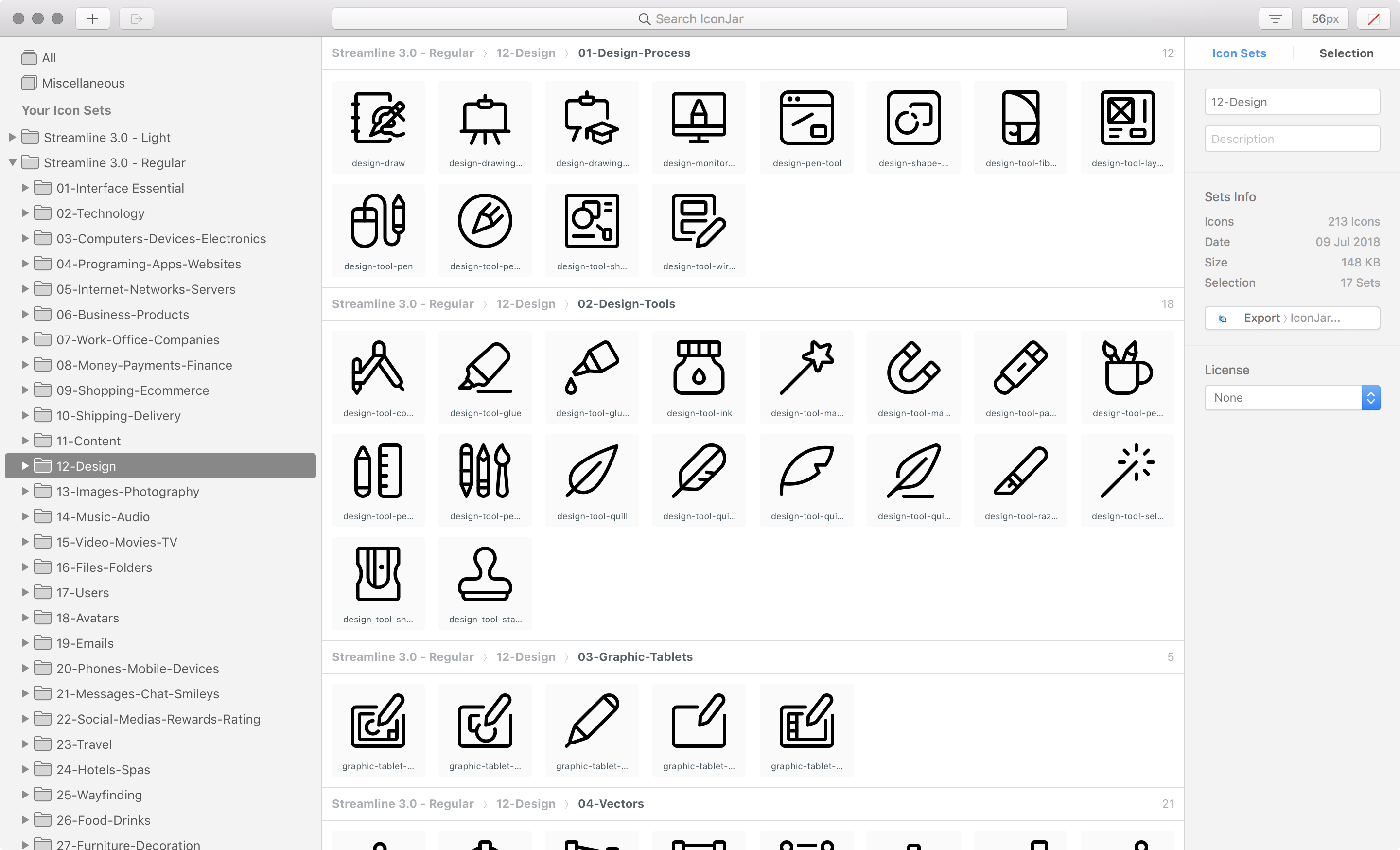 iconjar screenshot of desktop app showing grid of icons and navigation